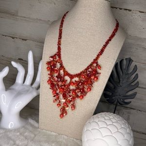 Preciously made red/orange beads, lucite and stone necklace